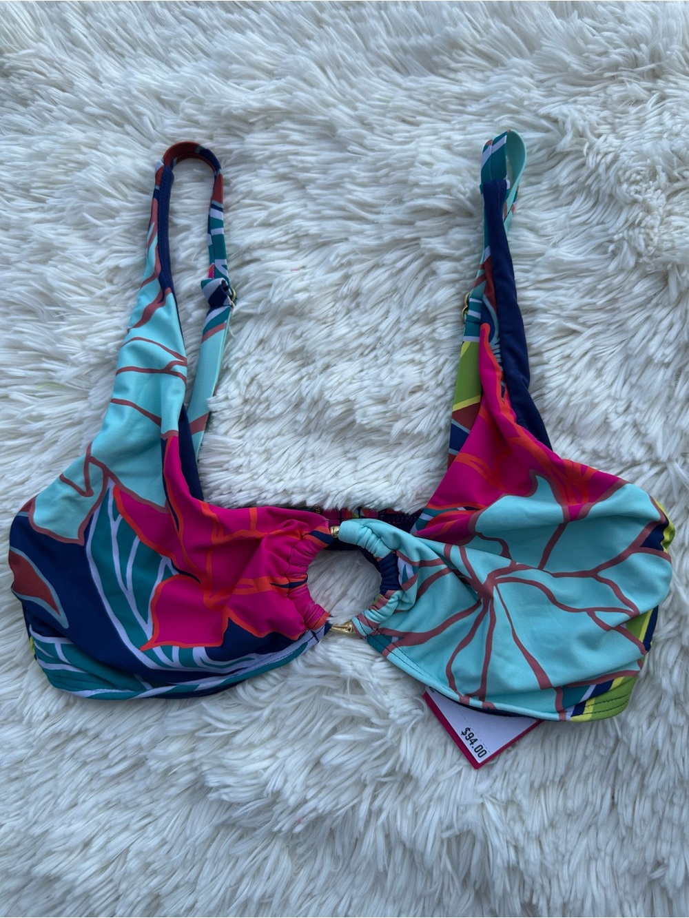 Vince Camuto Tropical Ring-Front Bikini Top in Aqua & Fuchsia